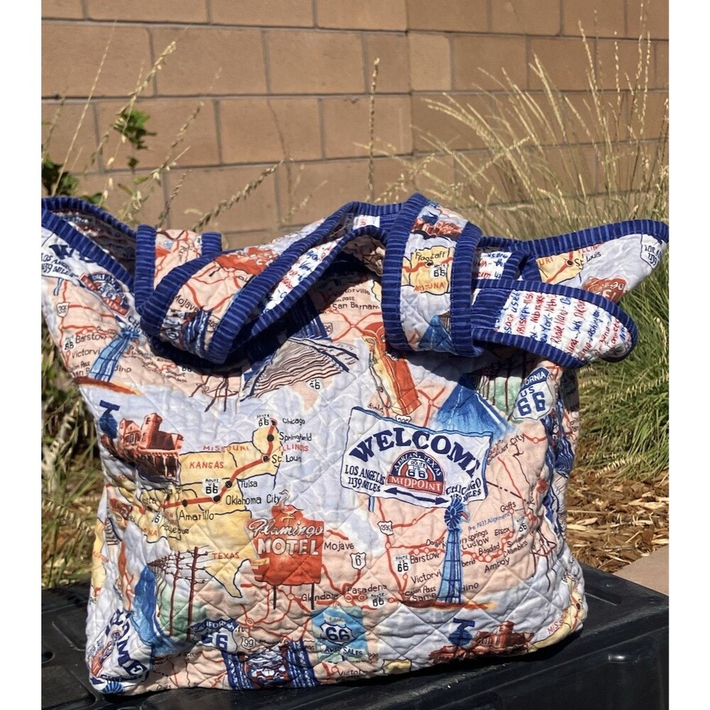 Handmade Quilted USA Map Route 66 Tote Bag Americana Travel 13” By Karen